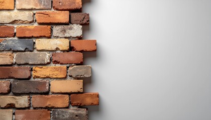 Close-up view of weathered red bricks on a rough textured wall, showcasing a durable and sustainable material ideal for construction and rustic design aesthetics with ample copy space