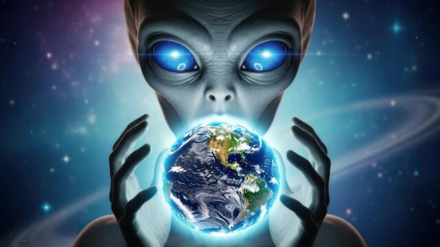 Alien with glowing blue eyes holds the Earth, revealing cosmic wonder and extraterrestrial power. 4k high quality footage