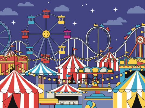Colorful carnival fairground at night illustration