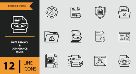 12 data privacy and compliance outline icons isolated on white background