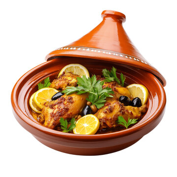 Chicken tagine with olives and lemon in ceramic tagine pot