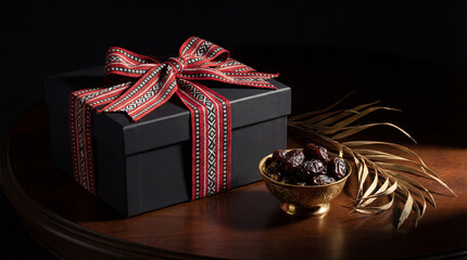 Elegant black gift box wrapped with traditional Saudi Sadu ribbon next to dates in a golden bowl and palm leaf