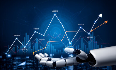 A robotic hand showcases financial growth data with dynamic graphs and digital elements,...