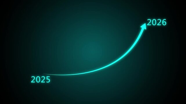 Abstract glowing swipe arrow with 2025 to 2026. 2025 to 2026 new Year Number with a Curved arrow animation on black background. 