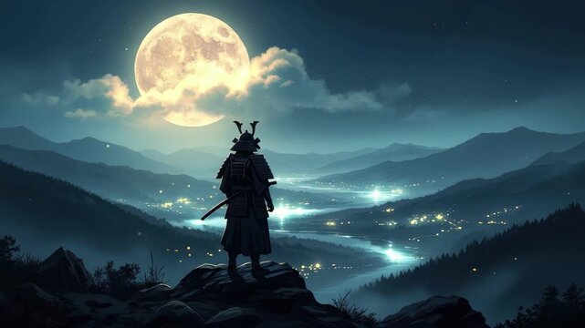 Lone samurai gazes upon a glowing valley under a giant full moon, a scene of epic contemplation and ancient power. 4k high quality footage