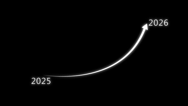 Abstract glowing swipe arrow with 2025 to 2026. 2025 to 2026 new Year Number with a Curved arrow animation on black background. 