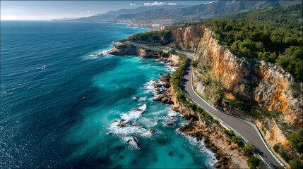 Obraz premium Winding coastal race track runs along stunning turquoise ocean under a clear blue sky.