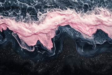 A black sand beach washed by dark sea waters and pink waves. Black sand. Pink waves. Black water. IceLand