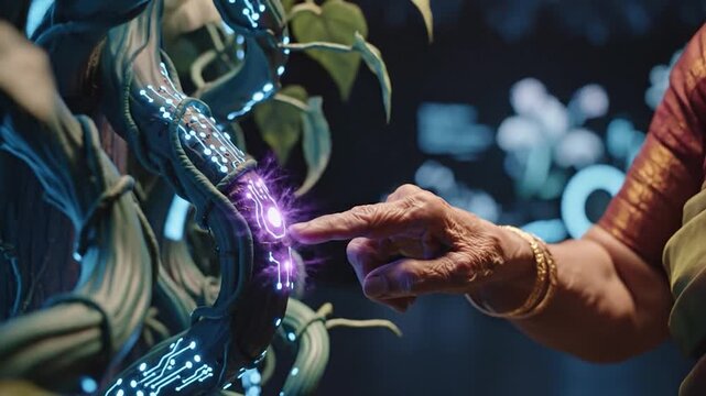 Elderly hand touching glowing futuristic plant with integrated circuitry representing digital nature connection and innovation - Powered by Adobe