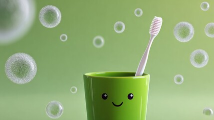 Green cup with a smiling face holds a toothbrush, surrounded by floating bubbles, creating a playful and cheerful atmosphere for dental hygiene and oral care concepts
