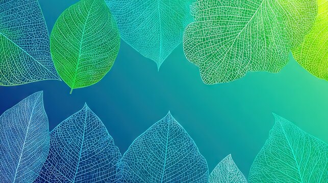 Abstract leaf border with intricate vein lines on vibrant teal background