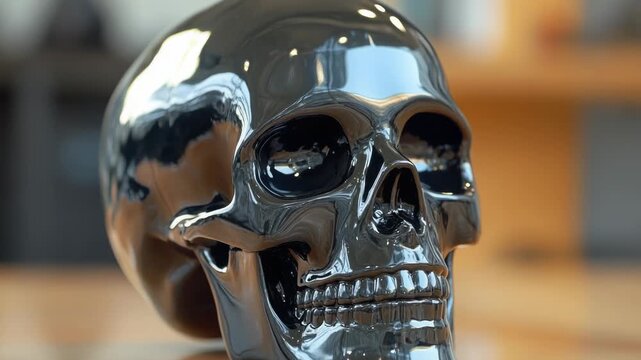 Video Skull with metallic finish sitting on a wooden surface, perfect for decoration or Halloween themed parties