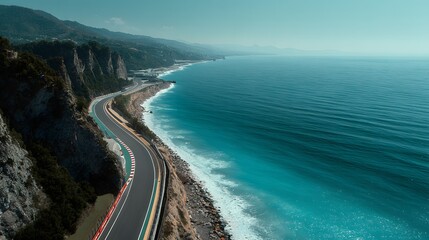 Obraz premium Winding coastal race track runs along stunning turquoise ocean under a clear blue sky.