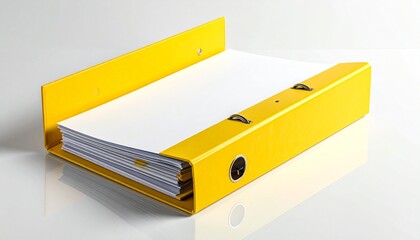 Yellow binder opens in quiet readiness—ritual of containment and editable memory, where metal rings and scattered pages choreograph the emotional architecture of organization, revision, and archival i