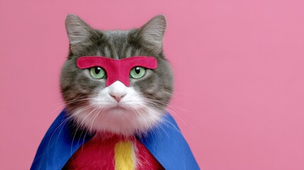 Cat dressed as superhero with vibrant cape and mask, posing against a pink background, showcasing playful character and whimsical charm in a fun, imaginative setting
