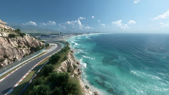 Winding coastal race track runs along stunning turquoise ocean under a clear blue sky.