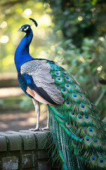 Obraz premium A detailed photograph of a majestic male peacock with vibrant blue and green plumage standing proudly on a brick wall in a lush garden setting
