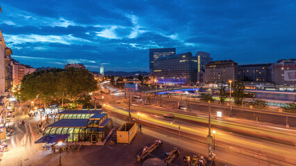 The Schwedenplatz is a square in central Vienna, located at the Danube Canal aerial day to night timelapse