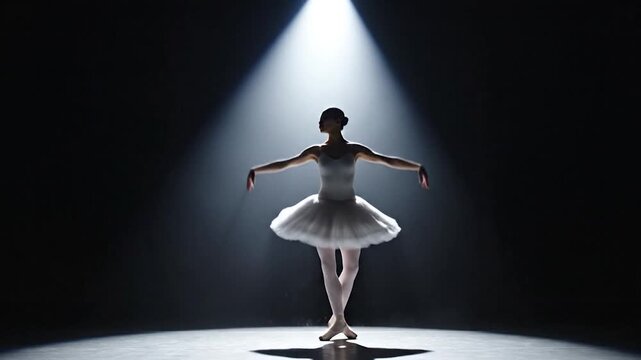 Elegant dancer perform leap in dramatic stage lighting