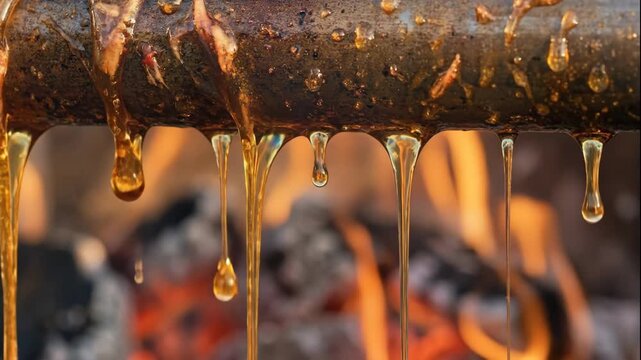 Extreme close-up of golden fat dripping from a wooden stick over a campfire. Macro shot of hot liquid melting and falling with a blurred fire background. Outdoor cooking and roasting concept