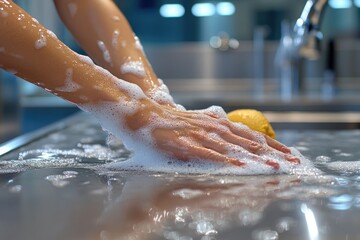 Fototapeta premium Woman cleaning kitchen countertop with disinfectant spray