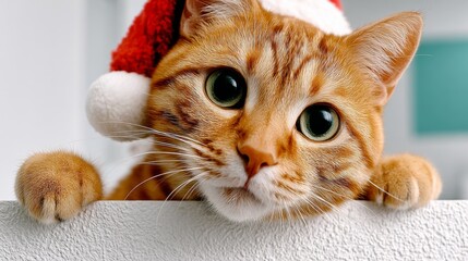 Adorable orange tabby cat wearing a festive Santa hat, peeking over a white surface, capturing the joyful spirit of the holiday season with a playful expression and bright eyes
