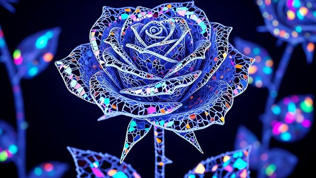 Frozen crystal rose with shimmering blue reflections, macro fantasy floral shot, sparkling icy petals, magical high-detail artwork.