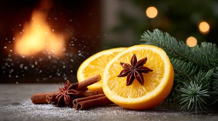 Fresh orange slices adorned with star anise and cinnamon sticks, set against a cozy fireplace backdrop, creating a warm and inviting holiday atmosphere with seasonal elements