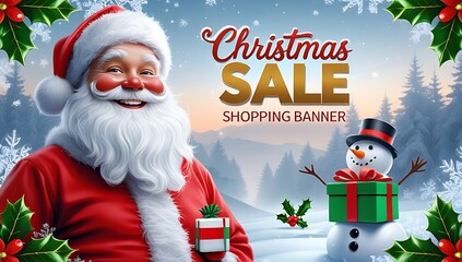 Santa claus and snowman announce christmas sale in snowy forest