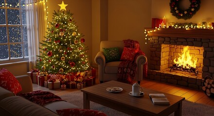 Warm cozy Christmas living room with decorated tree, golden lights, gifts, fireplace glow, festive ambience, soft warm tones, premium holiday interior.
