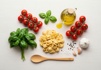 Fresh italian ingredients for pasta preparation overhead view