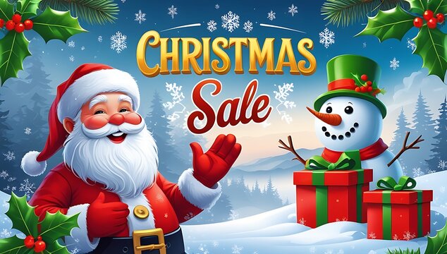 Santa claus and snowman announce christmas sale with gifts and holly - Powered by Adobe