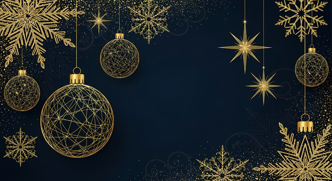 An elegant, sophisticated banner or background featuring intricate gold outline illustrations of Christmas baubles, stars, and snowflakes hanging against a deep, dark blue background.