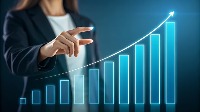 Businesswoman showing projected growth with modern chart, driving results and success