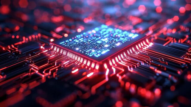 High tech circuit board featuring glowing red and blue lights, showcasing intricate microchip design and advanced electronics technology