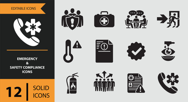 Twelve emergency and safety compliance icons solid icon set isolated on white background