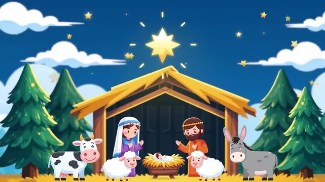 Nativity Scene with Mary, Joseph, Baby Jesus, and Animals under a Starry Night Sky.