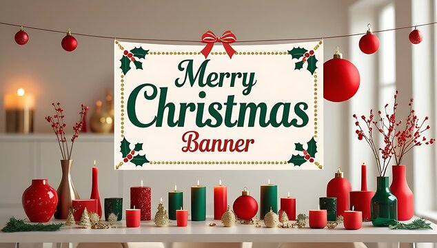 Festive merry christmas banner with red and green decorations and candles