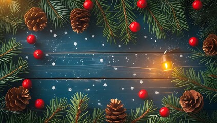 Festive christmas garland with pine cones and red berries on dark wood