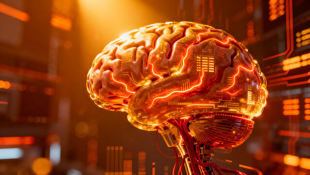 Futuristic Digital Brain with Neon Circuits &ndash; Artificial Intelligence Concept