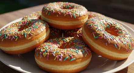 Indulge in sweet delight with these tempting donuts topped with colorful sprinkles, perfect for breakfast treats, party celebrations, or bakery promotions!