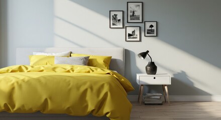Inviting bedroom interior showcasing a stylish yellow bedding set with graphic art adding a touch of modern elegance and warmth to the serene space