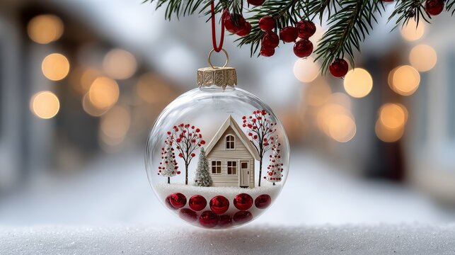 Decorative glass Christmas ornament featuring a miniature house surrounded by red trees and berries, suspended from a pine branch, creating a festive winter atmosphere with soft bokeh lights - Powered by Adobe