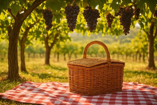 Wicker picnic basket on checkered blanket in vineyard