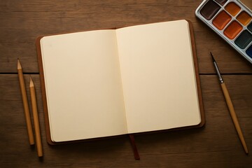 Blank sketchbook with watercolors and brushes on wood