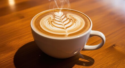 Enjoy a delicious cup of coffee with latte art, perfect for a refreshing morning or a cozy afternoon break on the warm wooden table