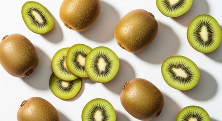 Vibrant kiwi fruit slices and whole kiwis arranged on a clean white surface, perfect for healthy eating campaigns or fresh produce promotions and summer smoothies