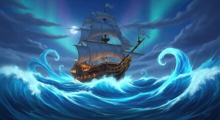 Majestic galleon sailing through stormy seas beneath the moonlit aurora, perfect for fantasy book covers or nautical adventure games, creating an atmosphere of mystery