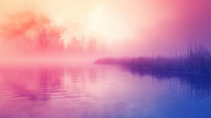 Fototapeta premium Serene Misty Lake at Dawn with Colorful Reflections and Trees