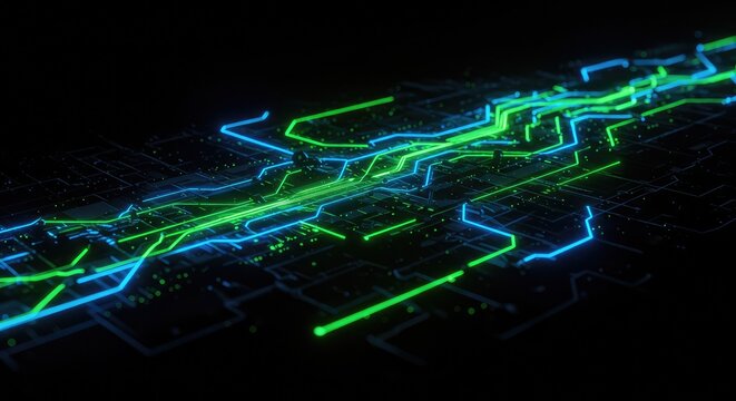 Modern tech background with vibrant blue and green glowing circuit patterns for cutting-edge technology solutions and digital innovation promotion